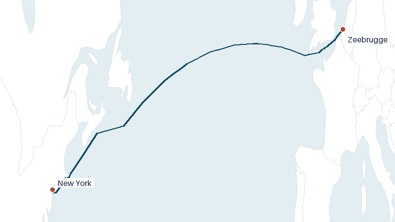 Sea route map from Zeebrugge to New York &mdash; 3266 nautical miles