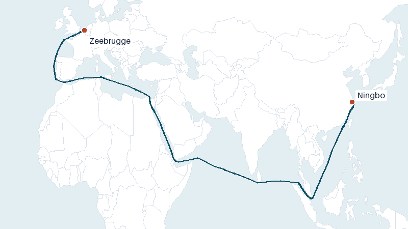 Sea route map from Zeebrugge to Ningbo &mdash; 10417 nautical miles