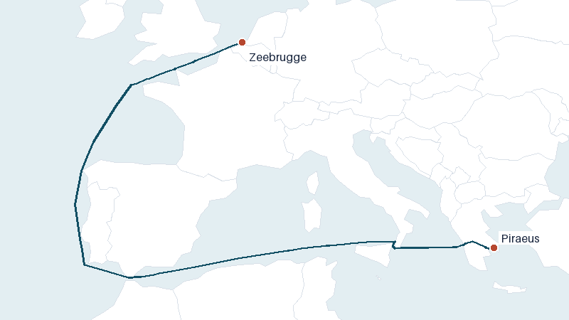 Sea route map from Zeebrugge to Piraeus &mdash; 2775 nautical miles