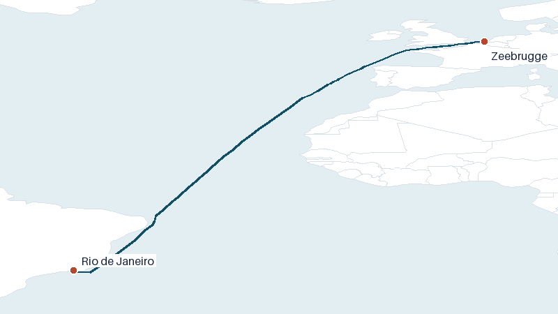 Sea route map from Zeebrugge to Rio de Janeiro &mdash; 5247 nautical miles