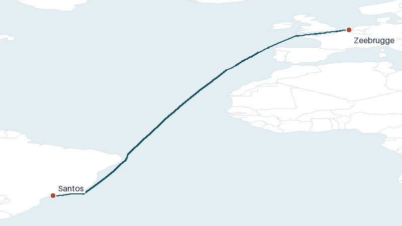 Sea route map from Zeebrugge to Santos &mdash; 5439 nautical miles