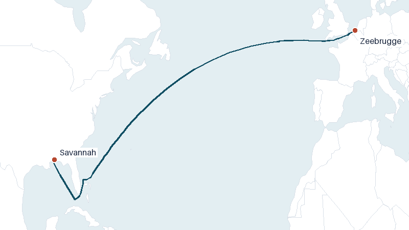 Sea route map from Zeebrugge to Savannah &mdash; 4726 nautical miles