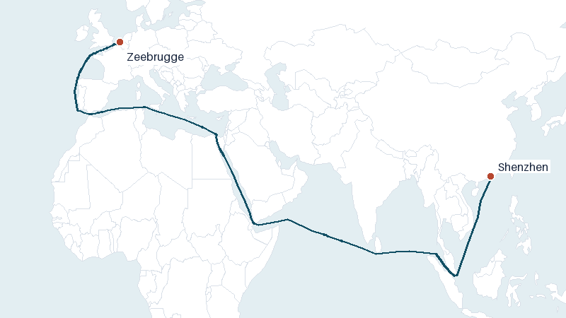 Sea route map from Zeebrugge to Shenzhen &mdash; 9777 nautical miles