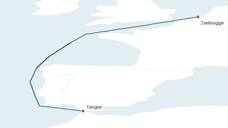 Sea route map from Zeebrugge to Tangier &mdash; 1316 nautical miles